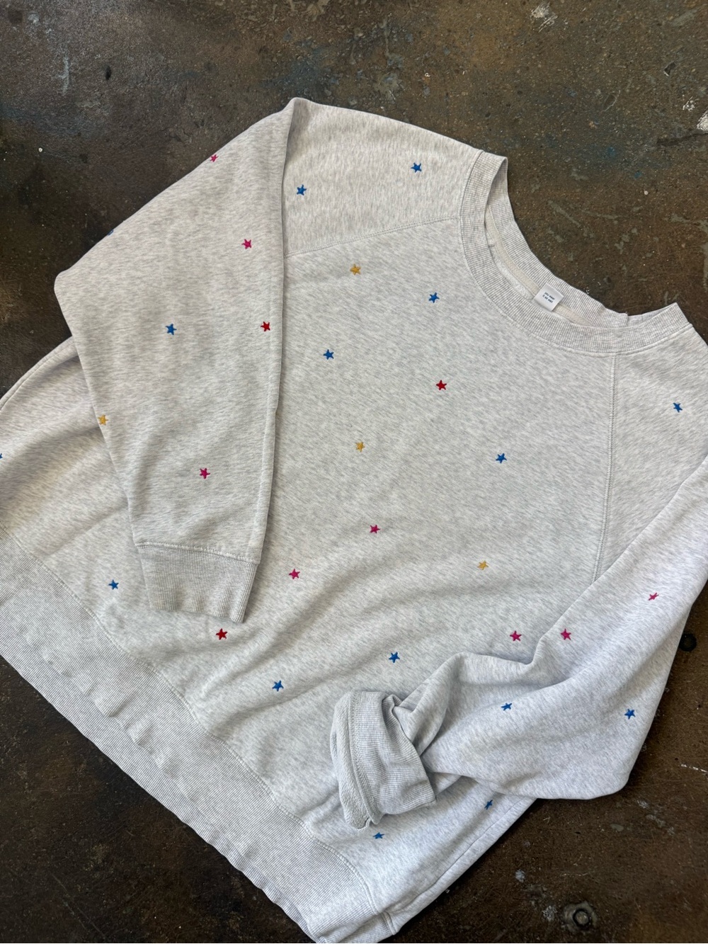 Old Navy Light Gray Crewneck Sweatshirt with Multicolor Star Embroidery
